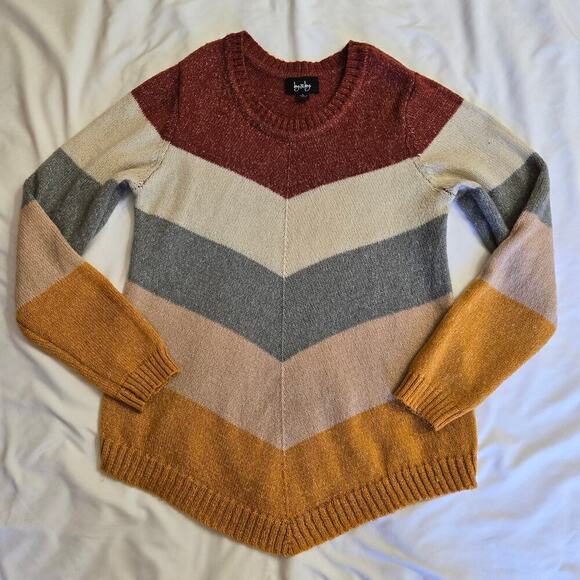 By & By Knit Crewneck Sweater Large Rainbow Retro Chevron Cozy Asymmetrical Hem - Picture 1 of 11